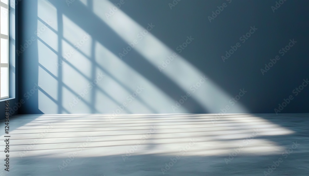 Poster bright and airy room with light streaming in through a large window, casting shadows on the floor. p