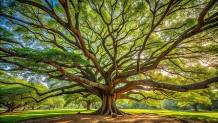 Obraz premium Ancient majestic tree with delicate branches stretching towards the sky amidst lush green foliage, arboreal, landscape