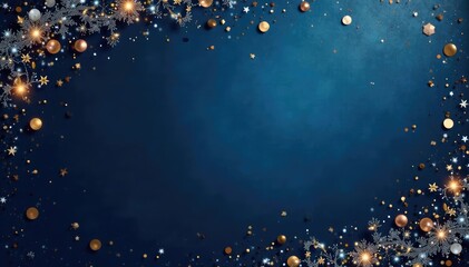 A navy blue backdrop with golden glittery confetti and sparkling silver garland, silver, glamour