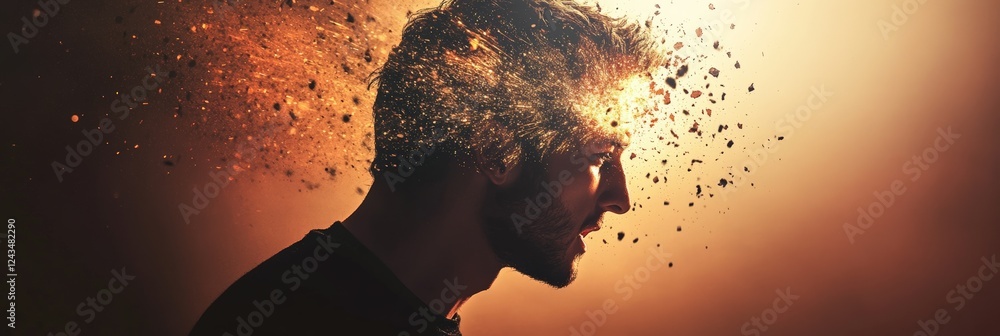Poster Conceptual art depicting a man's head exploding with particles. Symbolizing mental overload. Stress. And burnout. The dynamic illustration conveys themes of thought fragmentation and emotional strain