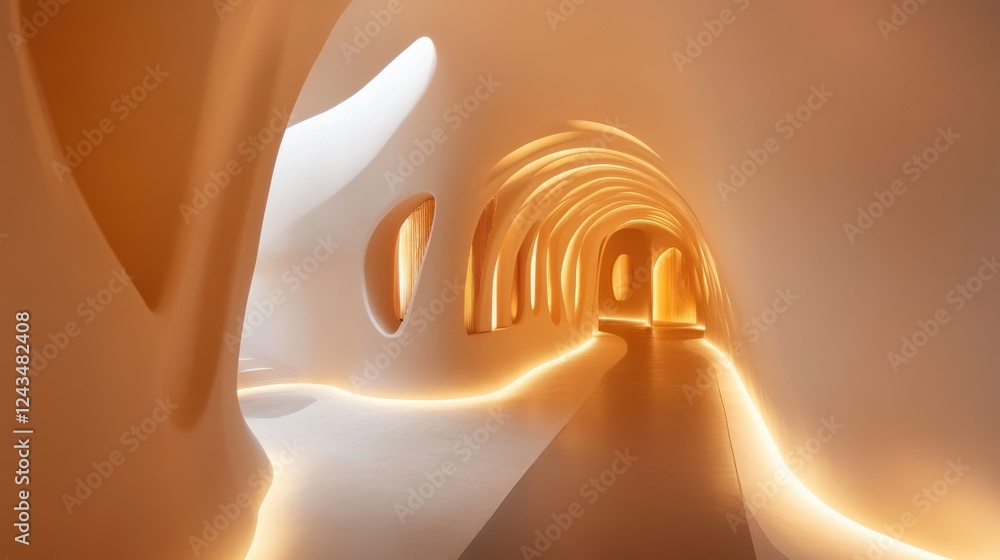 Poster unique multi-level hallway with soft curves and ambient lighting creating a warm atmosphere