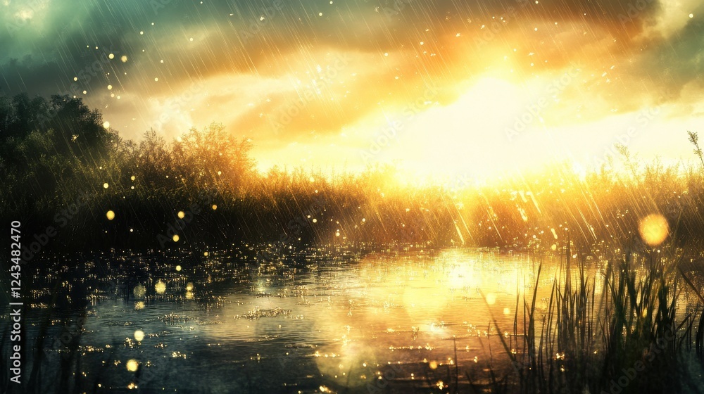 Poster sunlight breaking through clouds over a tranquil river amidst gentle rain in a serene natural settin