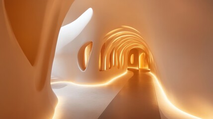 Obraz premium Unique multi-level hallway with soft curves and ambient lighting creating a warm atmosphere