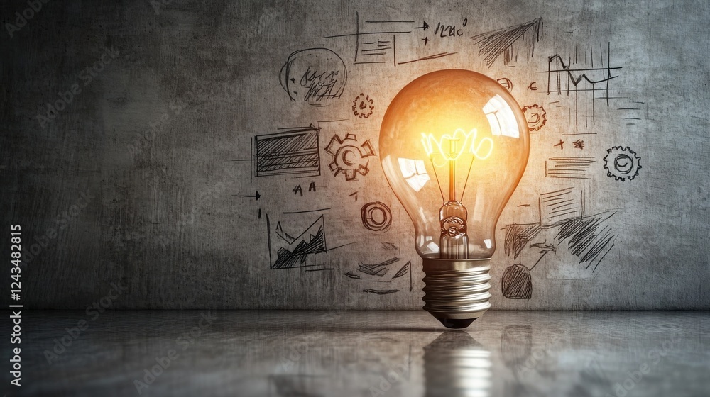 Aufkleber glowing light bulb illuminating creative concepts on a textured wall in a workspace setting