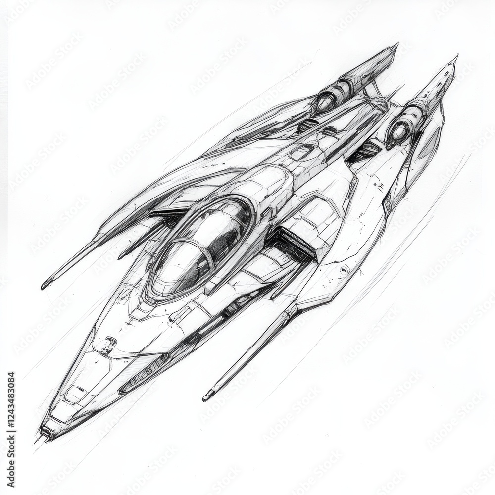 Poster futuristic interstellar cruiser designed for deep space exploration, showcasing sleek lines and adva