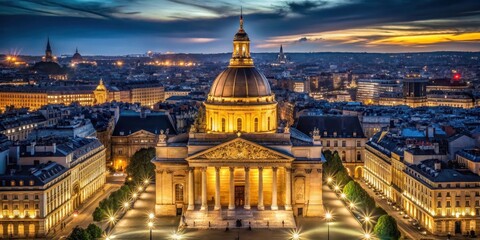 Fototapeta premium Aerial view of the French National Assembly building at night with illuminated fa?ade and dome against a dark sky, cityscape, nightscape