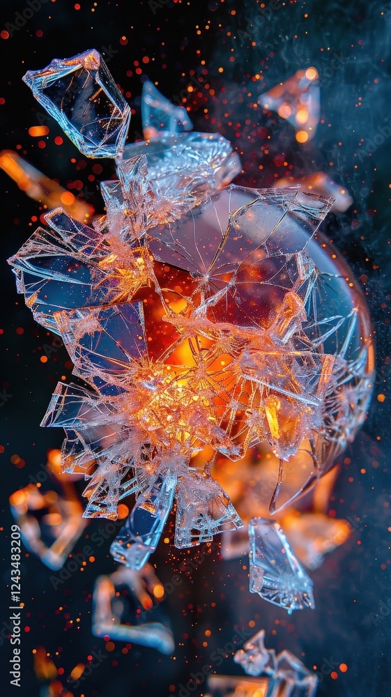 Poster a shattered, glowing orb surrounded by sparkling shards and fiery sparks, creating a mesmerizing vis