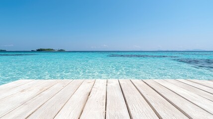 Fototapeta premium Tropical beach wooden dock, turquoise water, sunny sky, island background; summer vacation