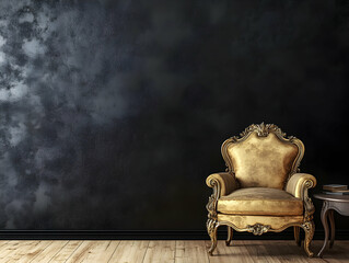 A black wall with a golden baroque armchair