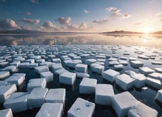 Obraz premium Top view of white ice cubes melting on still lake reflecting summer sky, peaceful, blue sky