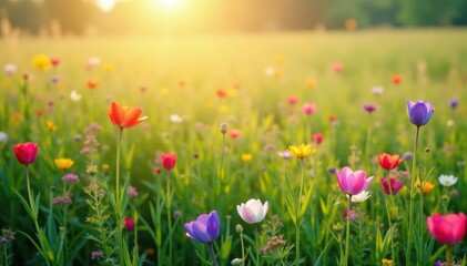 Rainbow-colored flowers in a field of tall grass, landscape, fields
