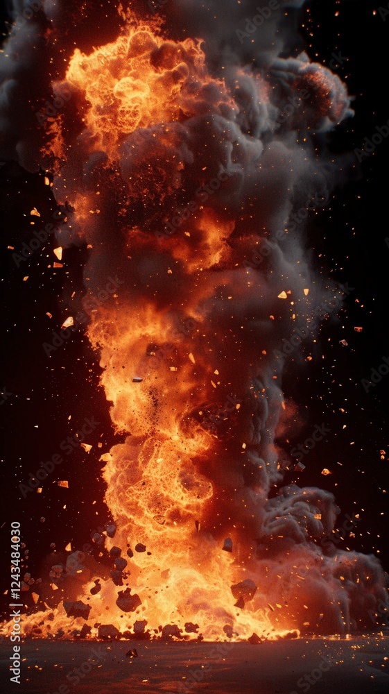 Poster a dramatic explosion emits a fiery column of flames and smoke, creating a captivating display of pow