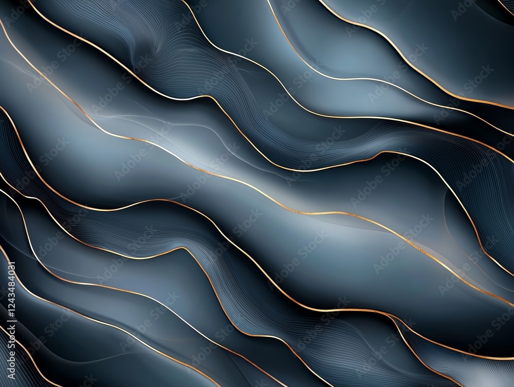 Poster this abstract graphic features flowing lines and smooth waves in shades of blue and gold, creating a