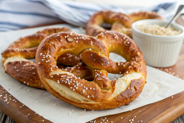 Traditional Oktoberfest pretzel with coarse salt on parchment paper on a wooden board