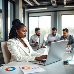 Fototapeta premium A black woman and her colleagues in an office. They are working on the company's business.