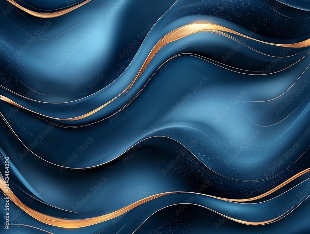 Poster this dynamic abstract image features smooth, flowing waves in deep blue tones accented with soft gol