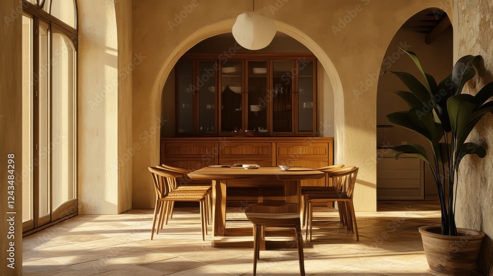 Aufkleber elegant dining area with arched architecture and warm lighting, showcasing natural materials and mod