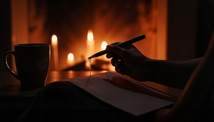 Cozy hand writing in journal by candlelight