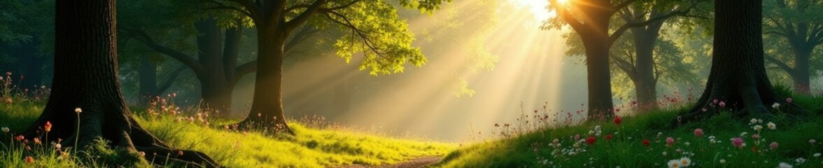 Obraz premium Softly filtering sunlight through towering trees, nature, wood, flowers