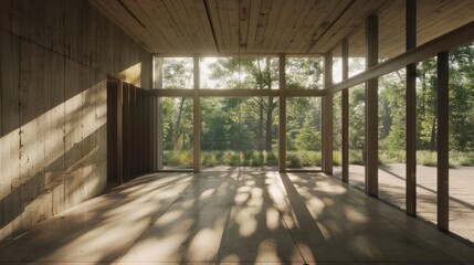 Sunlit Modern Minimalist House Interior with Panoramic Windows