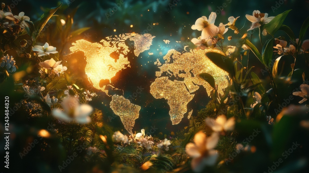 Aufkleber blooming spring gardens with a glowing world map surrounded by vibrant flowers and lush greenery in 