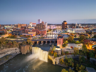Rochester, New York, USA cityscape on the Genesee River and High Falls