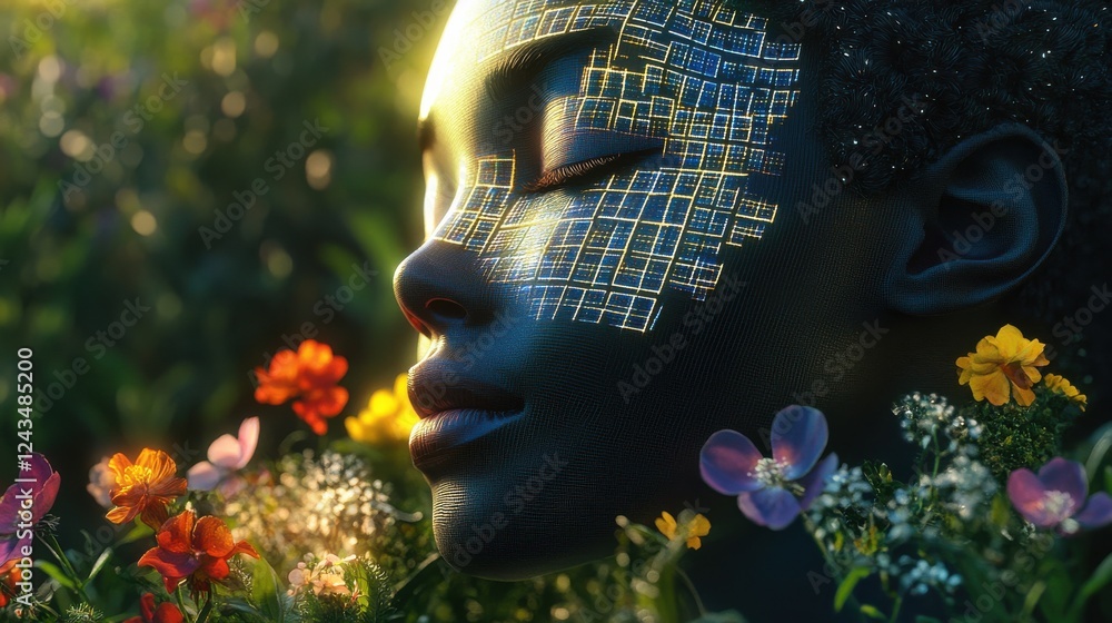 Poster Conceptual visualization of a woman's face adorned with intricate patterns in a vibrant floral setting