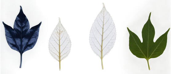 Fototapeta premium Four leaves displayed isolated on transparent background, showcasing variations in color and shape.