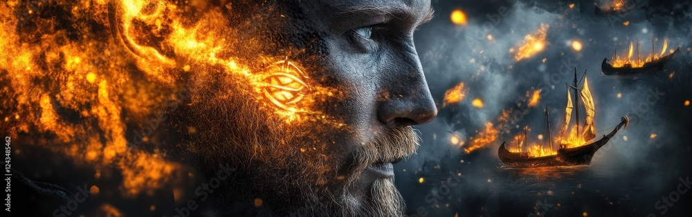 Poster conceptual representation of a man's face illuminated with flames, reflecting a vivid maritime theme