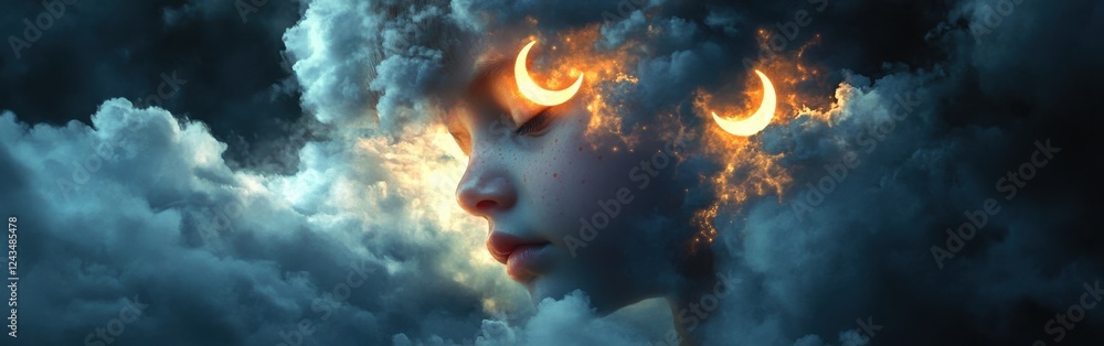 Poster Visualization of a child's face surrounded by enchanting celestial clouds and glowing crescent moons