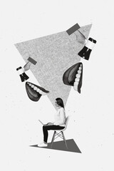 Template poster collage of lady worker manager work netbook bossy executive mouth scream control...