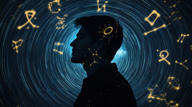 Glowing man surrounded by astrological symbols creates a mystical atmosphere