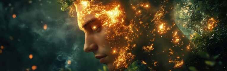 Obraz premium Man radiating ethereal light amidst glowing foliage in a mystical forest setting at dusk