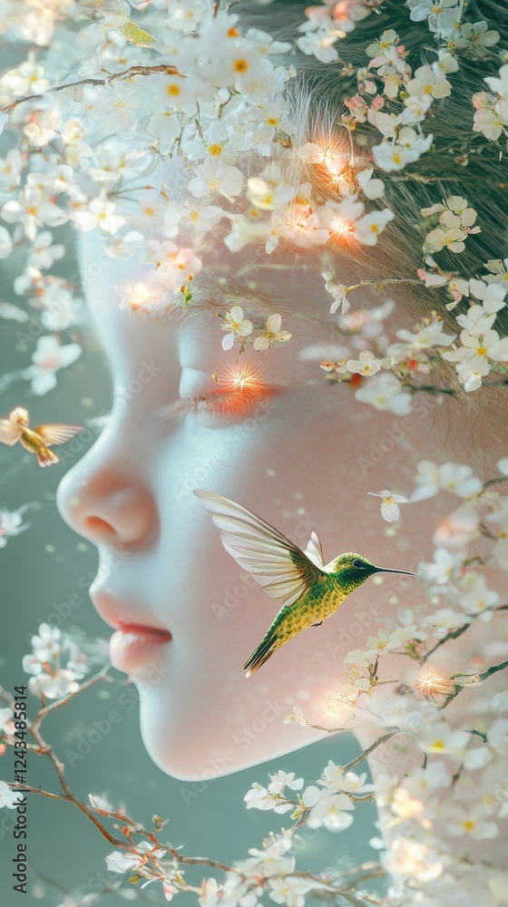 Aufkleber Conceptual portrayal of a serene child's face intertwined with blossoms and hummingbirds in a dreamlike setting
