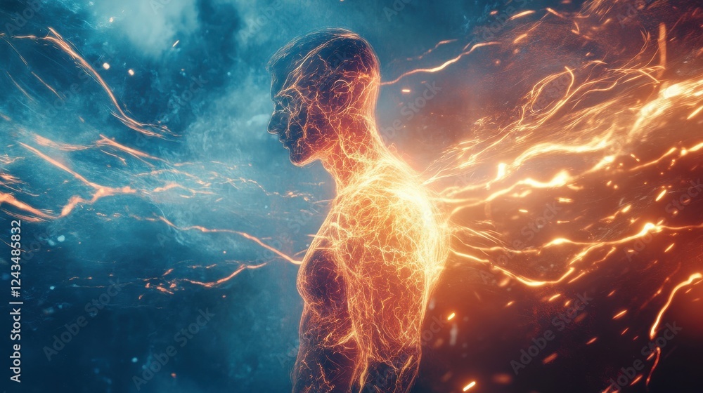Aufkleber man radiating energy surrounded by vibrant colors in a conceptual exploration of inner strength and 