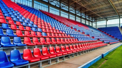 Bench in football stadium with red and blue seats,