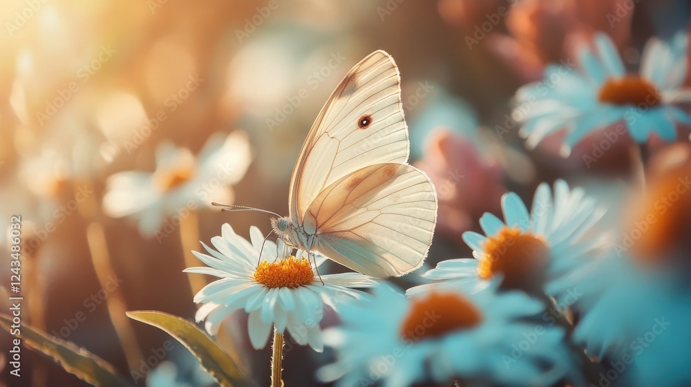 Aufkleber close-up view of a delicate cabbage white butterfly resting on a flower during golden hour in a bloo