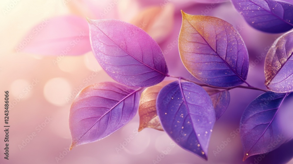 Poster close-up view of vibrant purple leaves showcasing intricate details and hues in a soft, natural ligh