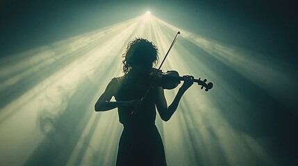 Fototapeta premium Woman playing violin on stage, spotlight, smoky background; concert poster