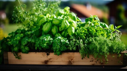 Fototapeta premium Vibrant herb garden bursting with flavor under the clear blue sky. Generative AI
