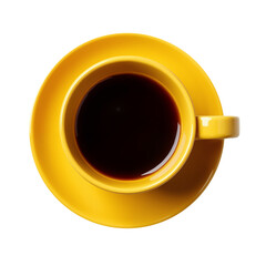 Bright yellow coffee cup with dark coffee on saucer against a white background