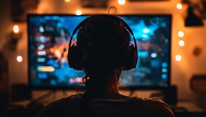 A man is sitting in front of a computer monitor with headphones on. The room is dimly lit, and the man is focused on the screen. Concept of concentration and immersion in the video game being played