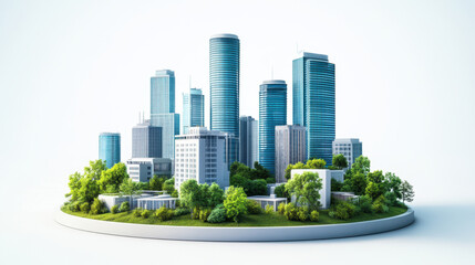 a small round island with buildings and trees. concept of smart home construction. highlighting elements skyscrapers. modern look. digital illustration. Isolated on pure white.