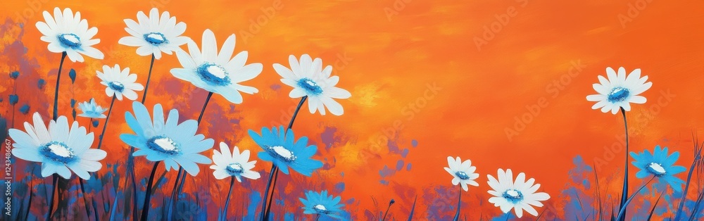 Poster bold graphic design of daisies against a vibrant orange background captures playful summer vibes in 