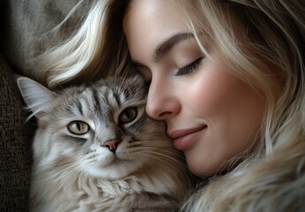 A young woman with blonde hair enjoying a peaceful moment cuddling a fluffy gray cat with beautiful green eyes in a cozy indoor setting