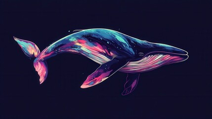 Obraz premium Majestic Blue Whale Swimming in Cosmic Colors in Dark Ocean