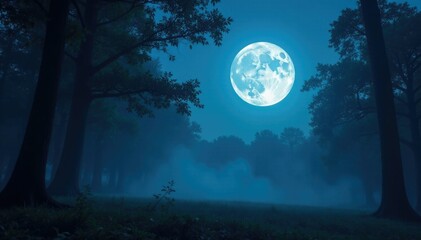 Fototapeta premium A full moon casts an ethereal glow on a misty forest, night, full moon