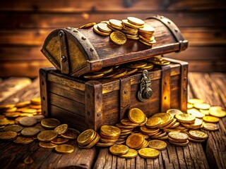 Hidden Treasure: A Rustic Wooden Coffer Buried Beneath the Earth, Gleaming Gold Coins Revealed
