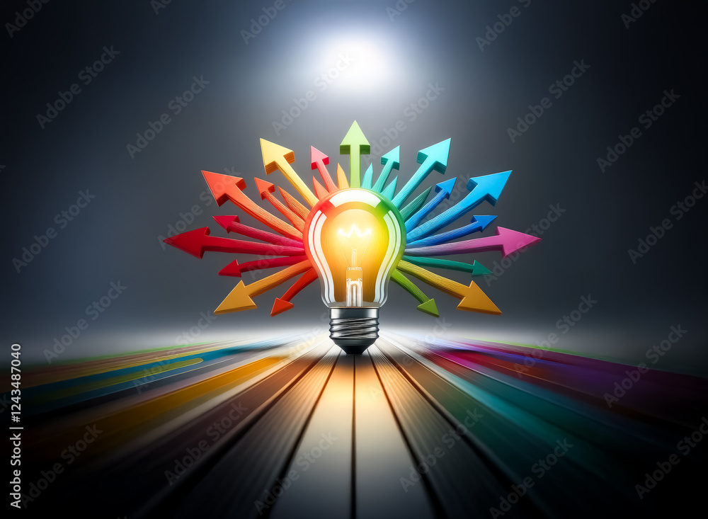 Poster bright light bulb emitting glow, surrounded by radiating colorful arrows on a reflective surface, sy