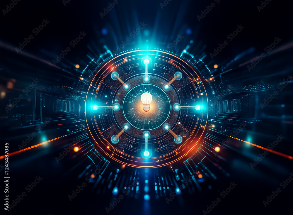Poster A glowing futuristic circle design with radiating lines and a central lightbulb, rendered in vibrant blue and orange tones.